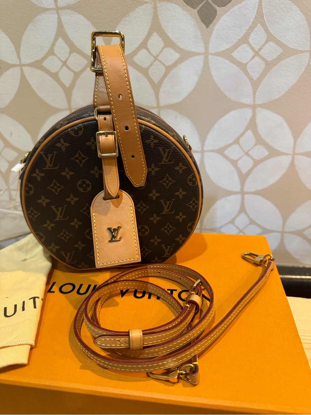 Louis Vuitton Brown Monogram Round Crossbody with Tan Trim and Gold Hardware